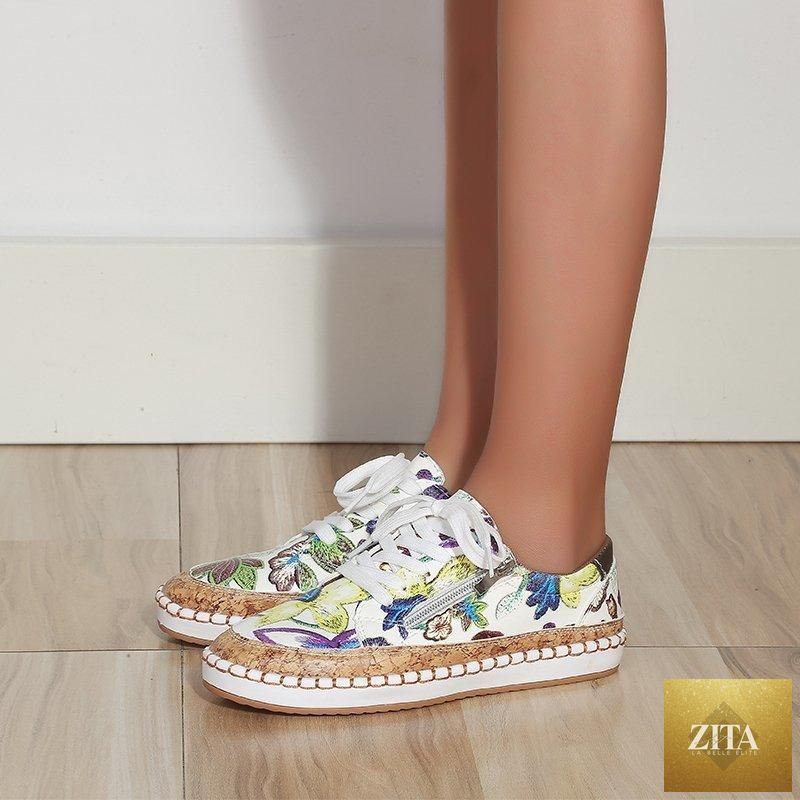 Elegant floral women's sneakers by Stevvex with printed lace-up design, round toe, flat sole, casual and comfortable for walking.