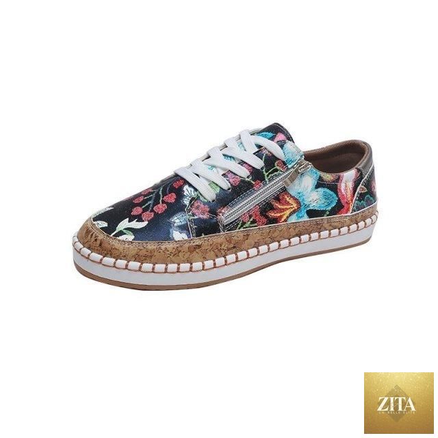 Elegant floral women's sneakers by Stevvex featuring printed lace-up design, round toe, flat casual style, ideal for walking.