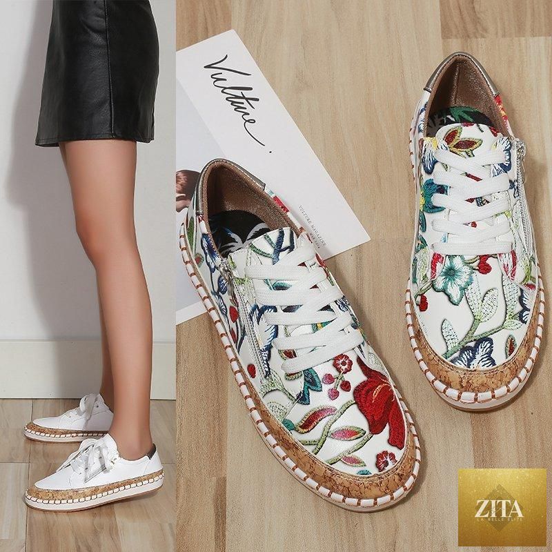 Elegant floral women's sneakers by Stevvex featuring printed lace-up design, round toe, and comfortable casual flat shoes for walking.