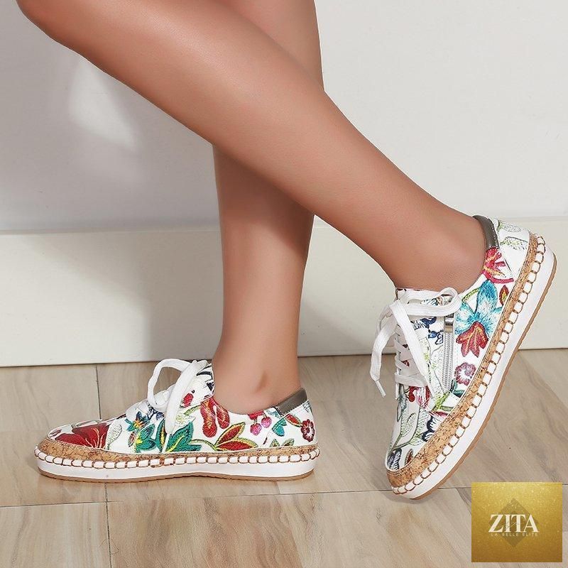Elegant floral women's sneakers by Stevvex featuring lace-up design, round toe, casual flat shoes, perfect for walking and everyday wear.