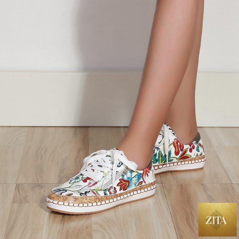 Elegant floral printed Stevvex women's sneakers with lace-up design, round toe, flat casual shoes for walking and everyday comfort.