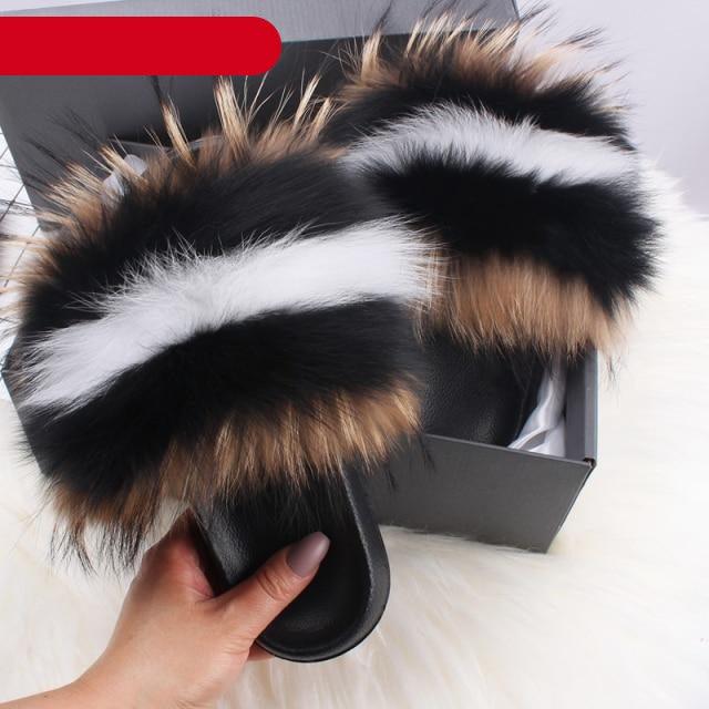 Stevvex women's indoor fur slippers with plush open-toe design, fuzzy fox fur slides, ideal for cozy indoor wear.