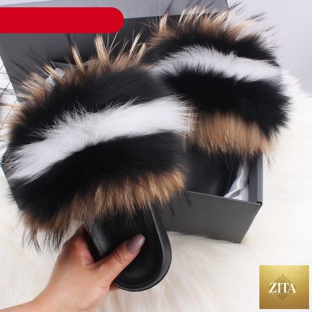 Stevvex furry open-toe indoor summer flat slippers with plush fox fur, feather details, and slip-on design for women.