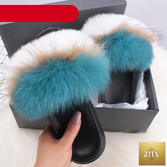 Elegant women's indoor fur summer flat sandals with open toe, plush furry slides, fox fur accents, and slip-on design by Stevvex.