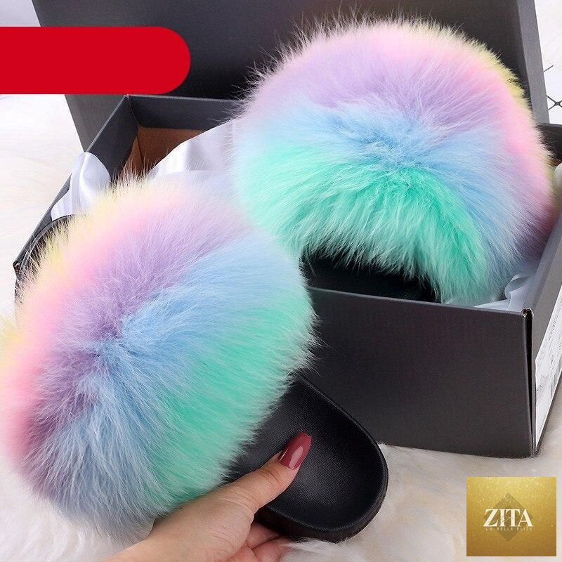 Stevvex indoor fur summer flat sandals for women with plush, fluffy open-toe fur slides, fox fur accents, and slip-on style.