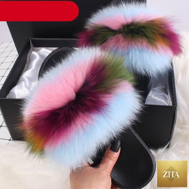 Stevvex fuzzy fur slide sandals for women, open-toe plush summer flat slippers with fur and feather details.