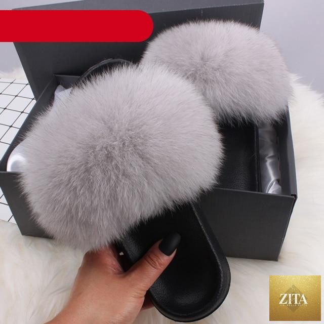 Elegant Stevvex indoor fur summer flat sandals with open toe, plush fuzzy fox fur and feather accents, slip-on style for women.