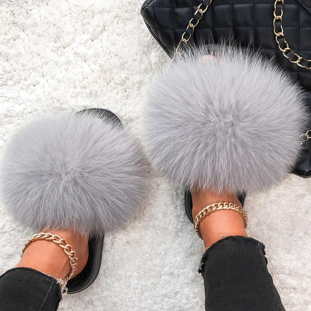 Stevvex women's indoor fur slippers with open toe design, plush fluffy fox fur and feather accents, slip-on style for cozy comfort.