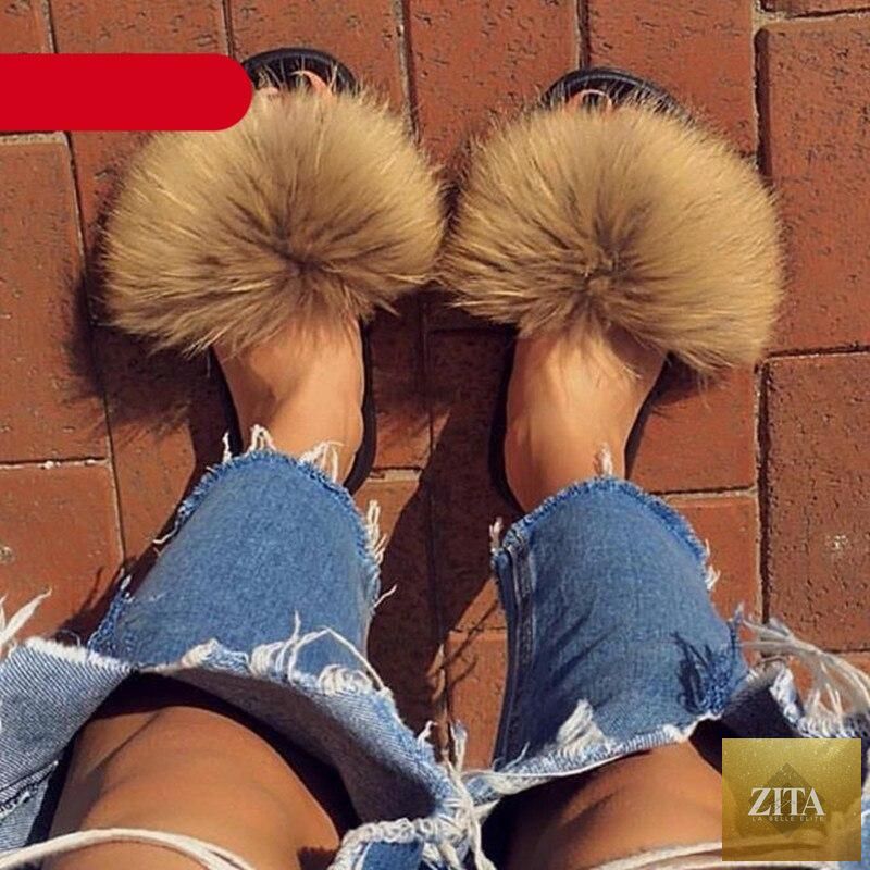 Elegant Stevvex fur summer flat slippers for women, plush fuzzy open-toe slides with fox fur and feather accents.