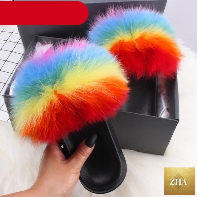 Stevvex women's indoor fur summer flat sandals with plush furry open-toe slip-on design and feather accents.