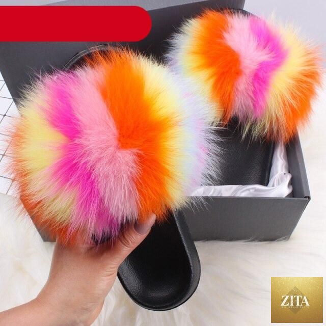 Elegant indoor fur summer flat sandals for women with plush fuzzy open-toe slides, featuring fox fur and feather accents.