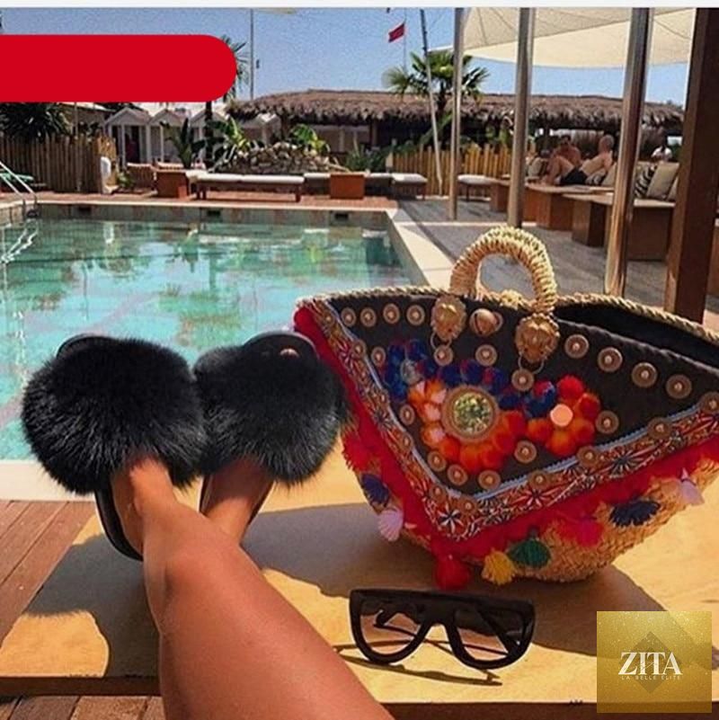 Stevvex women's fur summer flat sandals with plush open-toe fuzzy slides, fox fur feather accents, ideal for beach and indoor wear.