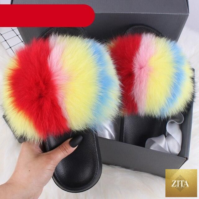 Stevvex indoor fur summer flat sandals for women featuring plush fluffy furry open-toe slides with fox fur and feather accents.