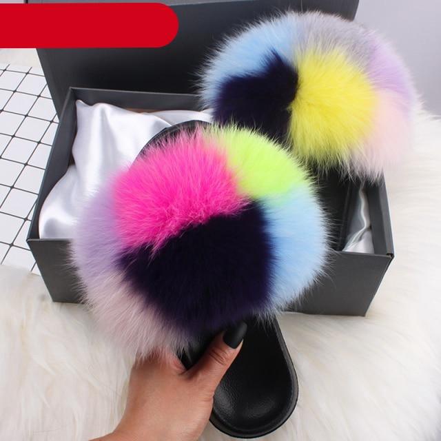 Stevvex women's indoor fur slippers with open toe, plush fur, fuzzy slides, and fox fur accents for cozy comfort.