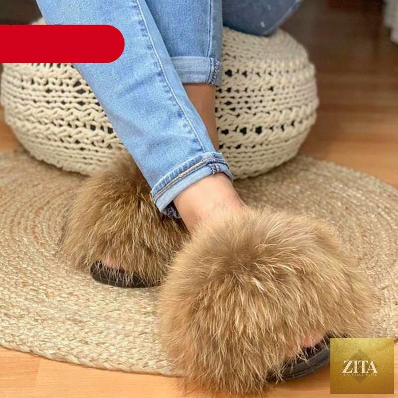 Stevvex women's indoor fur summer flat sandals with plush fluffy open-toe slides, featuring fox fur and feather accents.