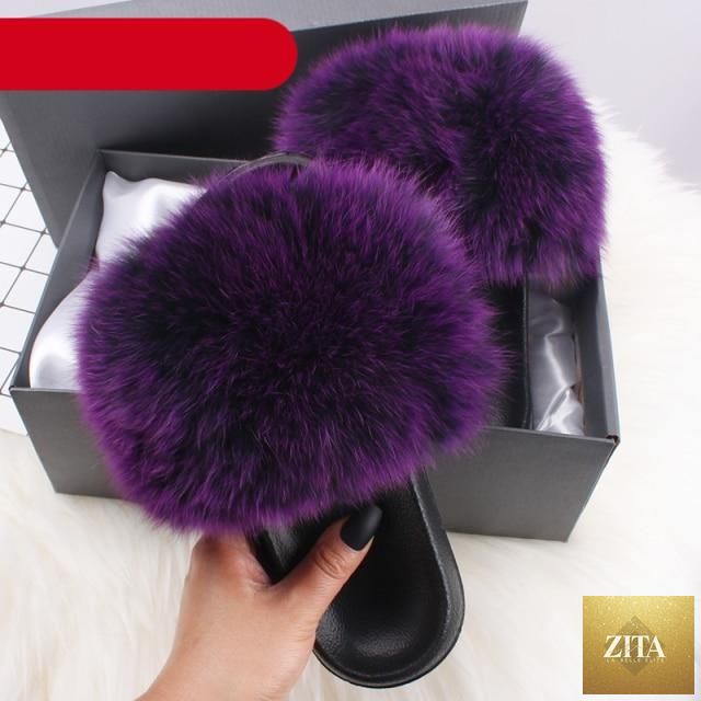 Elegant Stevvex indoor fur summer flat sandals with plush fuzzy open-toe slides, featuring fox fur and feather accents for women.
