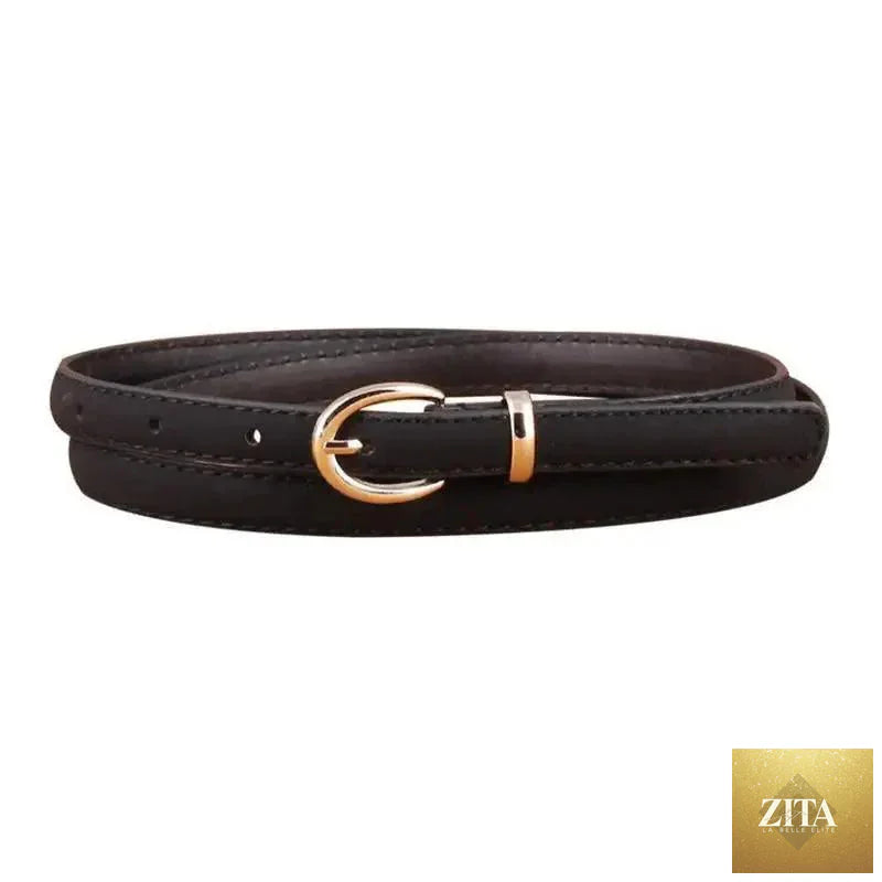 Black leather adjustable thin women's belt with unique design, high-quality Zita La Belle Elite waistband for dresses.