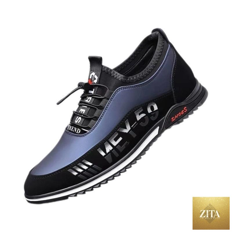 Stevvex men's black leather slip-on driving sneakers with lightweight, anti-slip sole and breathable low-top design for casual wear.