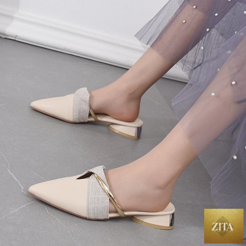 Stevvex elegant low heel women's summer slippers with pointed toe, slip-on design, backless loafer style, ideal for office and casual wear
