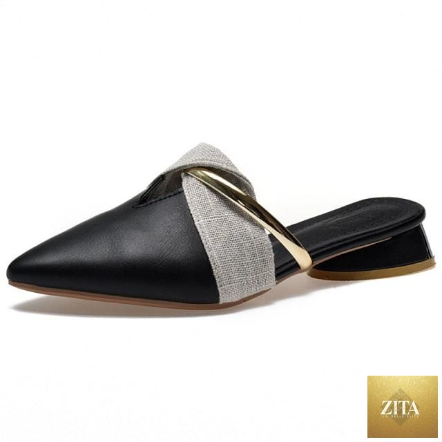 Stevvex elegant low heel women’s summer pointed-toe slip-on loafers, backless and comfortable for office or casual wear.