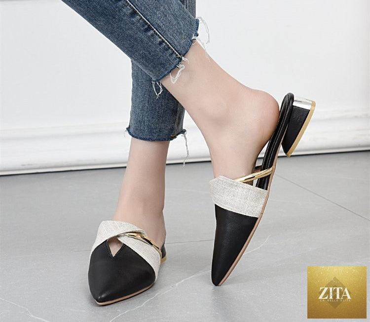 Stevvex elegant low heel women's summer slippers with pointed toes, slip-on design, backless loafers, comfortable for office wear.