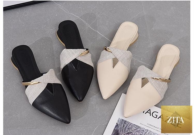 Stevvex elegant low heel women's summer pointed-toe slip-on loafers, backless and comfortable for office wear