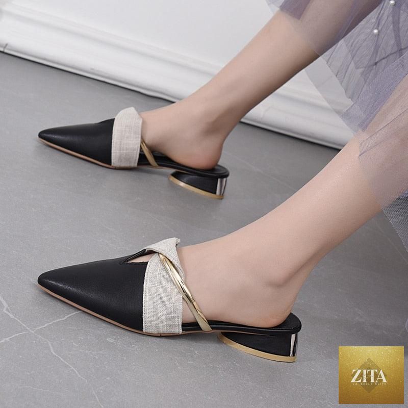 Stevvex elegant low heel women's summer pointed-toe slip-on loafers with backless design and comfortable slip-on style.