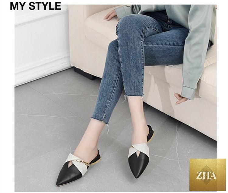 Stevvex elegant low heel women's summer slippers with pointed toes, slip-on design, backless, and comfortable loafers.