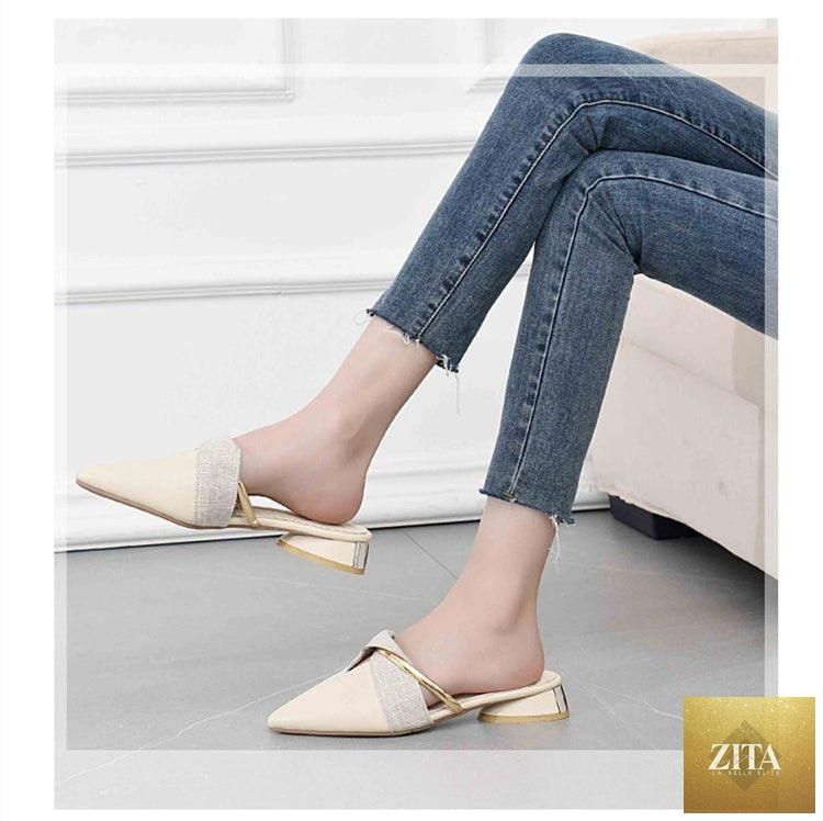Stevvex elegant low heel summer slippers for women with pointed toe, slip-on design, backless, comfortable loafers, suitable for office wear