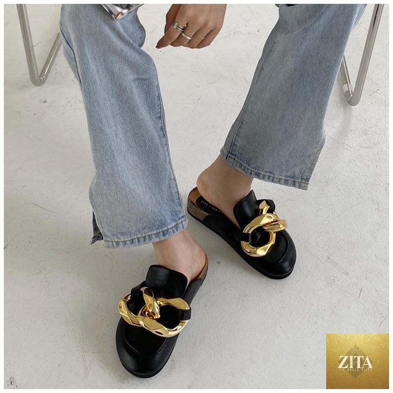 Stevvex women's summer flat sandals with gold chain detail, closed toe, slip-on design, low heels, casual slide style, and round toe.