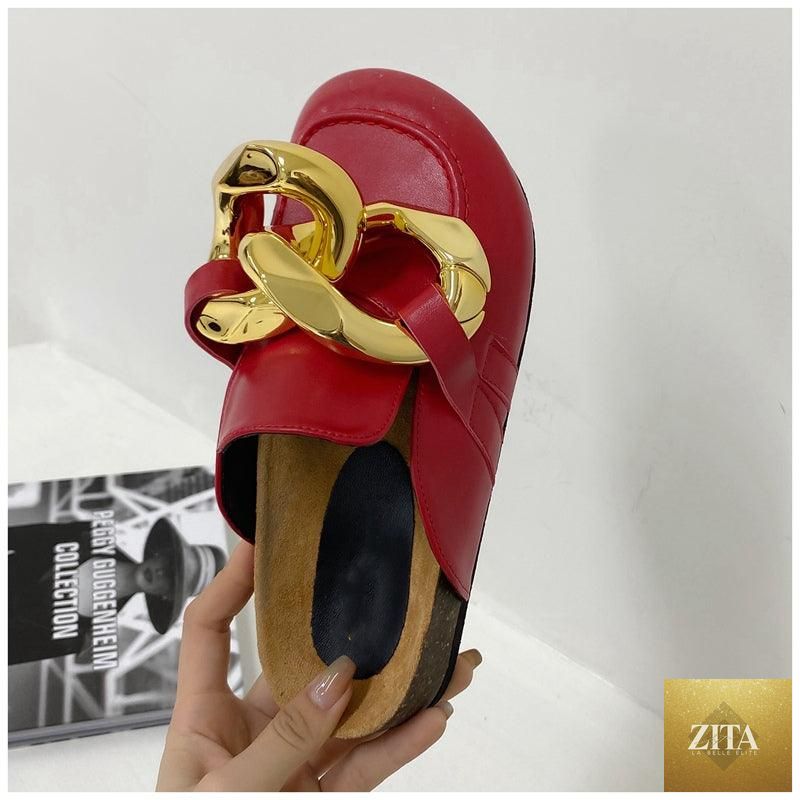 Gold chain design Stevvex women’s flat summer sandals with closed toe, low heels, slip-on style, casual round toe slides.
