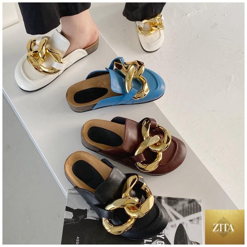 Stevvex women's summer flat sandals with metal chain design, closed toe, low heels, slip-on style, casual slide sandals in gold.