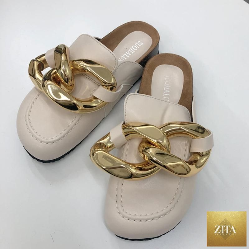 Stevvex women's summer flat sandals with metal chain design, closed toe, slip-on style, low heels, and casual slide sandal look.