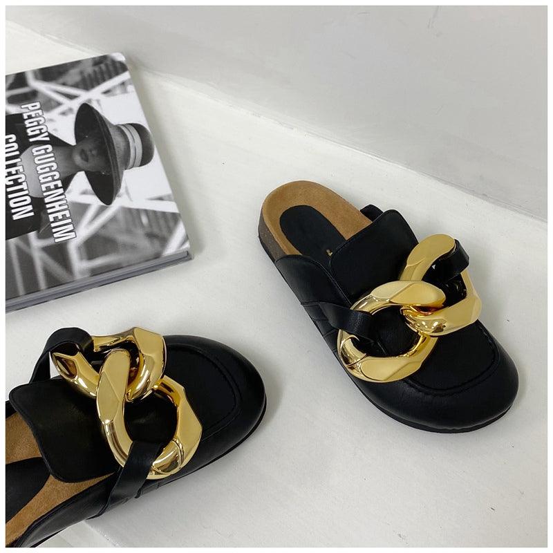 Stevvex women's closed-toe slip-on slippers with metal chain detail, round toe, low heels, casual flat slide sandals in gold.
