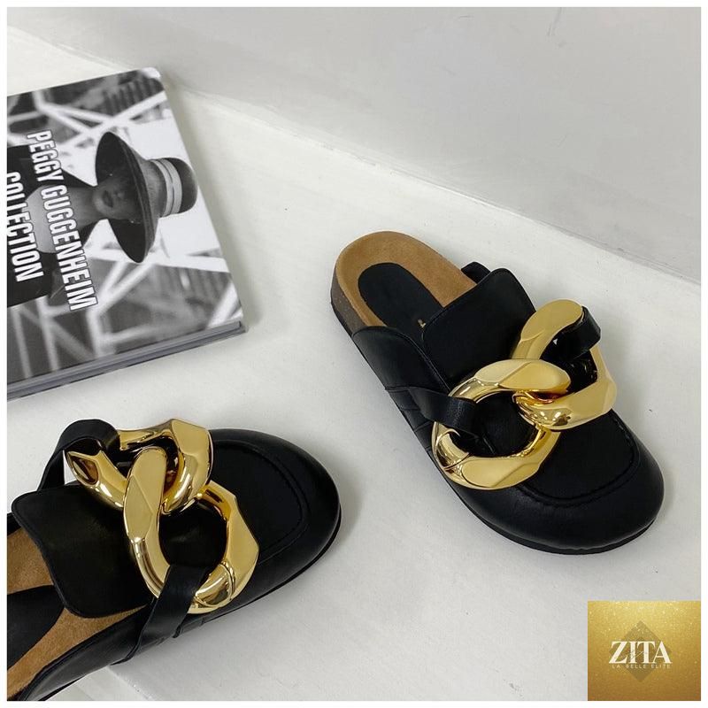 Stevvex women's flat summer sandals with metal chain design, closed toe, low heels, slip-on style, gold accents, casual slide shoes.