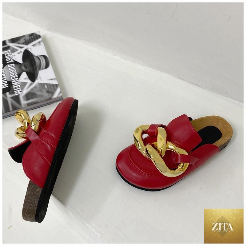 Stevvex women's summer flat sandals with metal chain design, closed toe, low heels, slip-on style, gold accents, casual slide shoes.