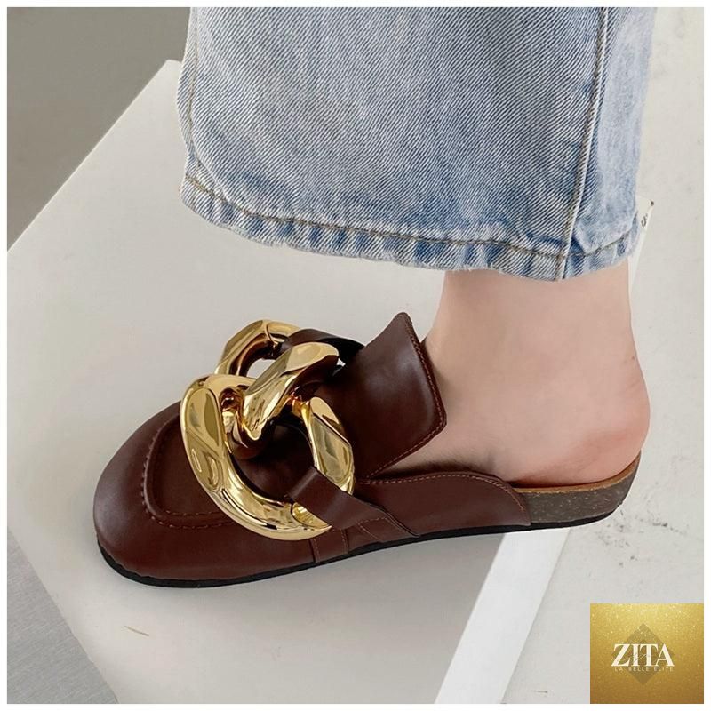 Stevvex women's summer flat sandals with metal chain design, closed toe, slip-on style, low heels, casual round toe slides.