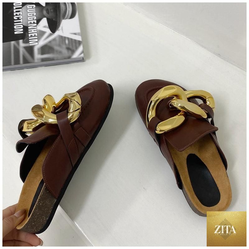 Stevvex women's summer flat sandals with gold chain design, closed toe, slip-on casual slides, low heels, and round toe comfort footwear.