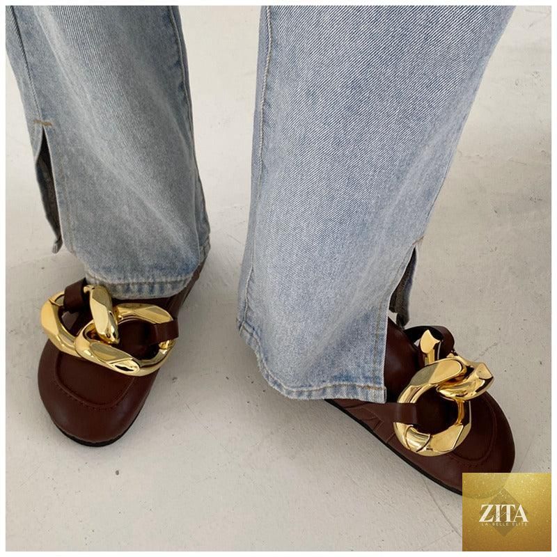 Stevvex women's flat summer sandals with metal chain design, closed toe, low heels, slip-on casual slides with round toe.