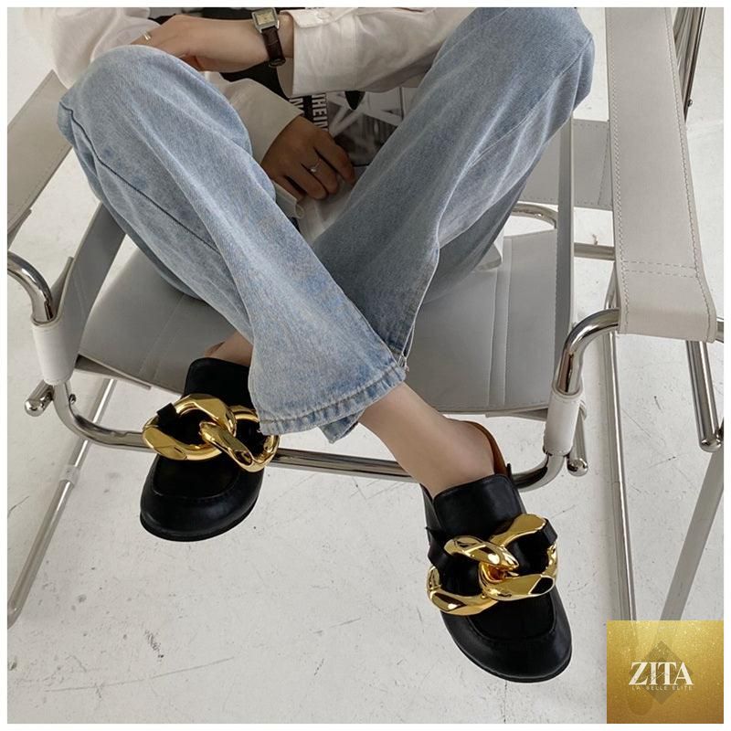 Stevvex women's summer flat sandals with metal chain design, closed toe, slip-on style, low heels, casual round-toe slides.