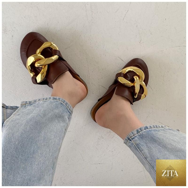 Stevvex women's summer flat sandals with metal chain design, closed toe, low heel, slip-on style, gold accents, casual slide shoes.