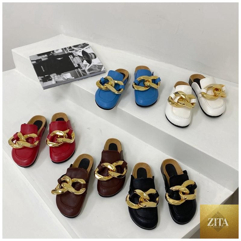Stevvex women's summer flat sandals with metal chain design, closed toe slip-on shoes, low heels, round toe, casual slide style.