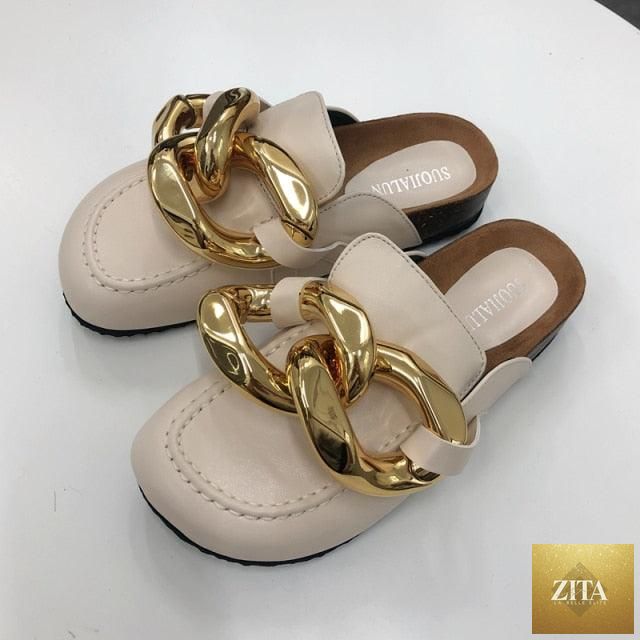 Stevvex gold chain women's summer flat sandals with closed toe, slip-on design, low heels, round toe, casual slide shoes.
