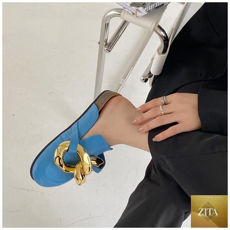 Stevvex women's flat summer sandals with metal chain design, closed toe, slip-on style, low heels, casual round toe slides.