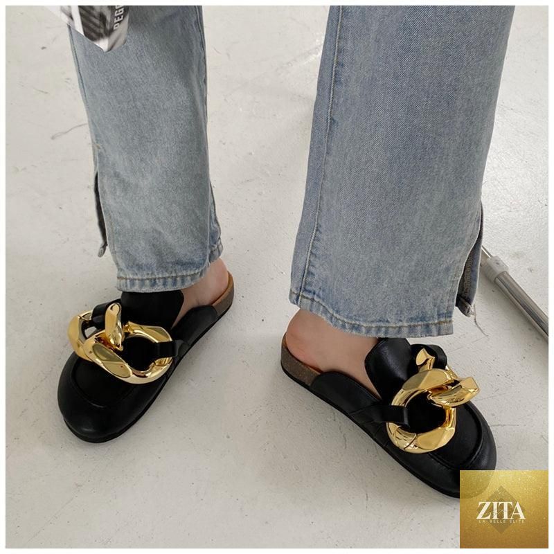 Stevvex women's summer flat sandals featuring a metal chain design, closed toe, low heels, slip-on style, and casual round toe construction.