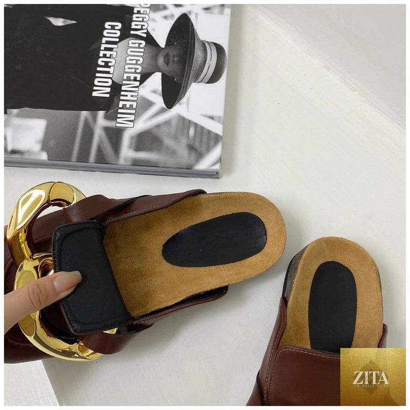 Stevvex women's summer flat sandals with metal chain design, closed toe, slip-on style, low heels, gold accents, casual slide shoes.