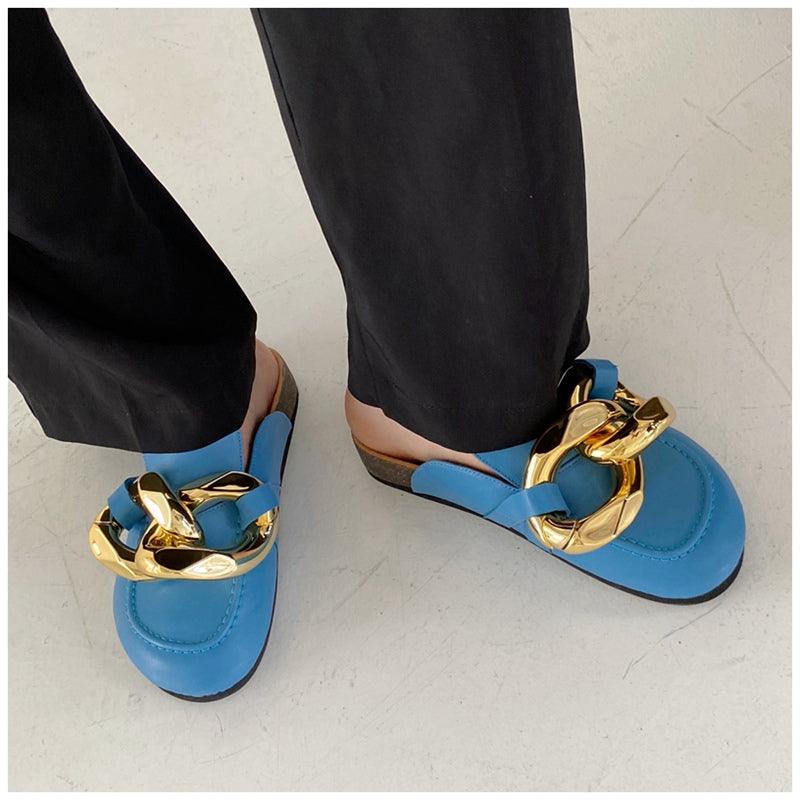 Stevvex women's slip-on flats with metal chain design, closed toe, round toe, low heels, casual slide sandal, gold accents.