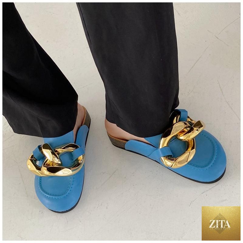Stevvex women's summer flat sandals with gold chain design, closed toe, slip-on casual slides, low heels, round toe, and loafer style.