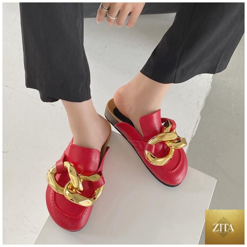 Stevvex women's summer flat sandals with metal chain design, closed toe, slip-on style, low heels, and casual slide sandal look.