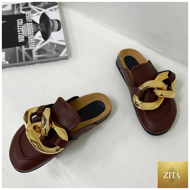 Stevvex women's summer flat sandals with metal chain design, closed toe, slip-on style, low heels, casual round toe slides.